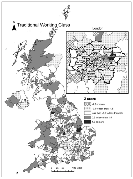 Distribución espacial de la clase trabajadora tradicional. Savage et al. [-@Savage.etal2013, pp 241]